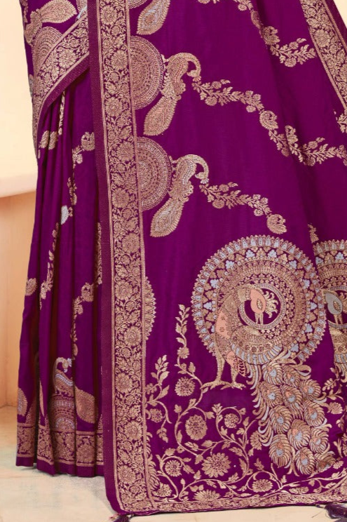 Premium Wine Peacock Design Silk Saree