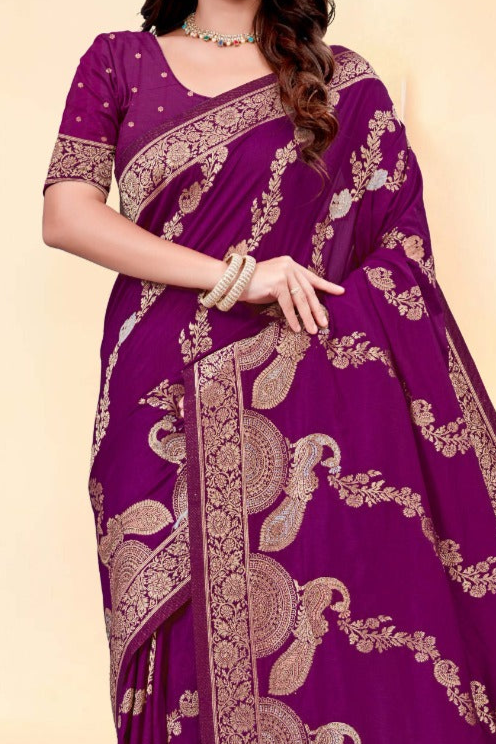 Premium Wine Peacock Print Silk Saree