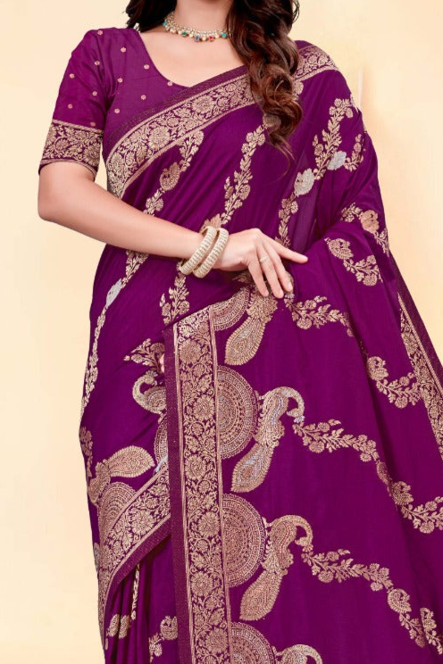 Premium Wine Peacock Design Silk Saree