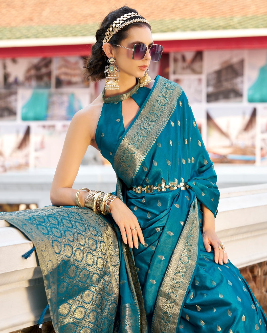 Blue Satin Silk Banarasi woven saree