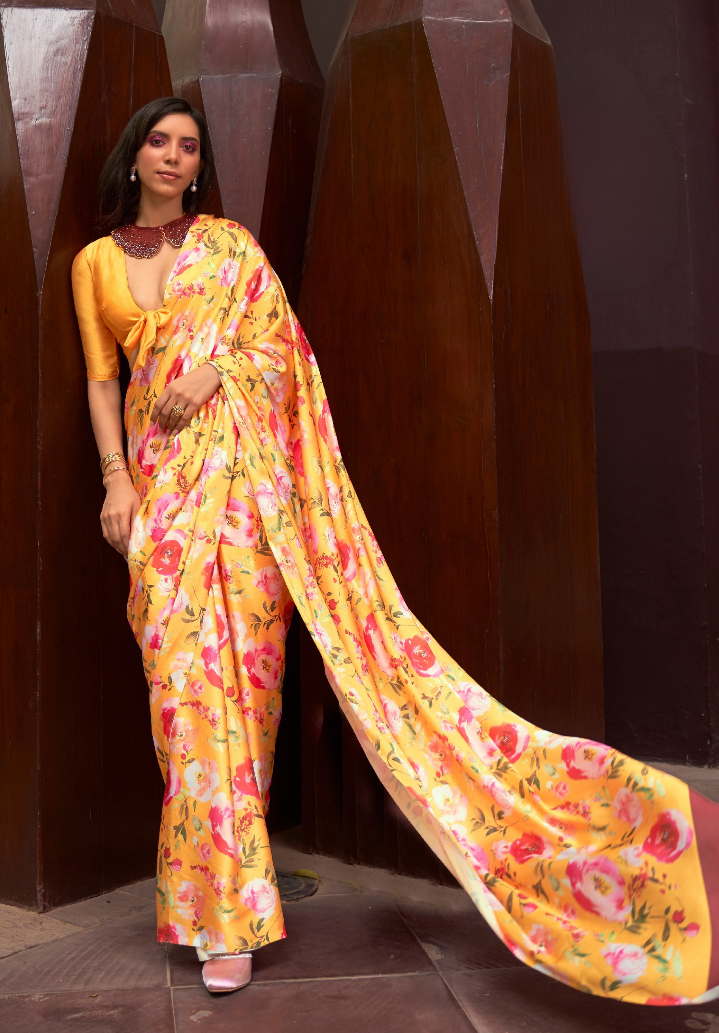 Yellow Satin Crepe saree with Digital print