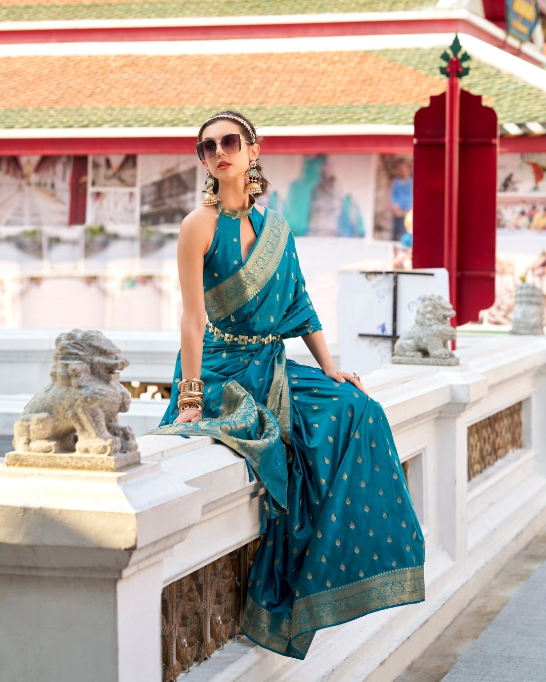 Blue Satin Silk Banarasi woven saree