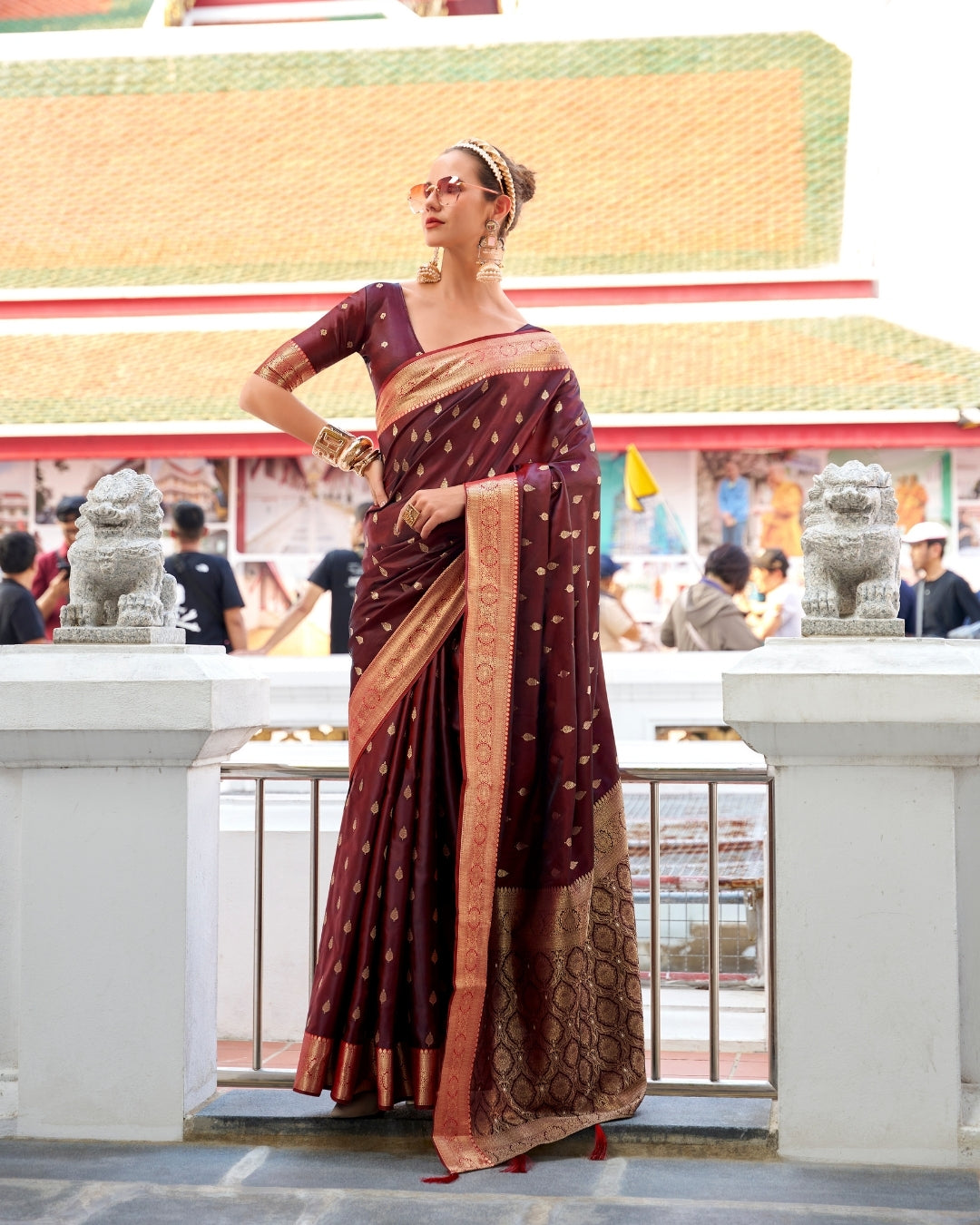 Brown Satin Silk Banarasi woven saree
