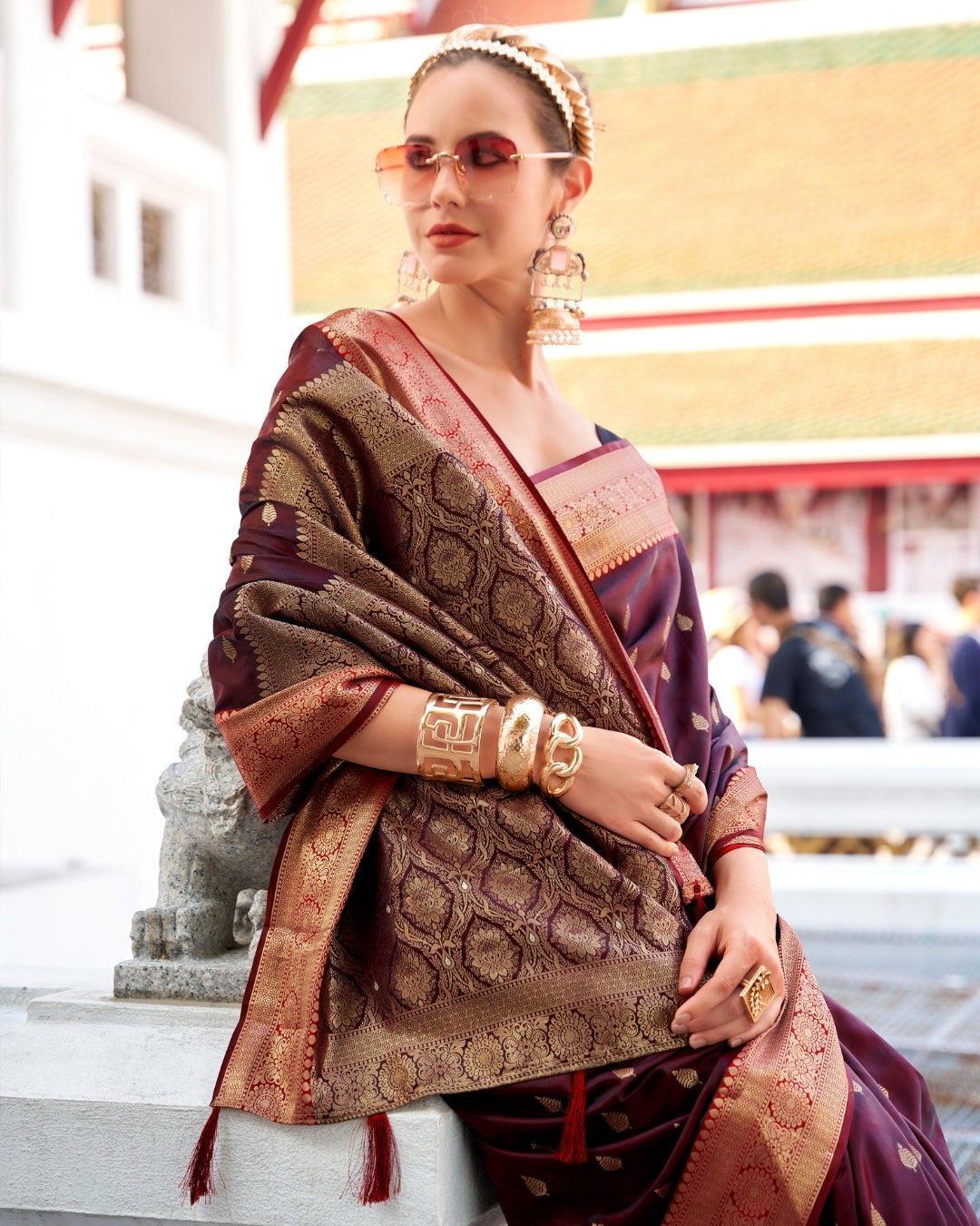 Brown Satin Silk Banarasi woven saree
