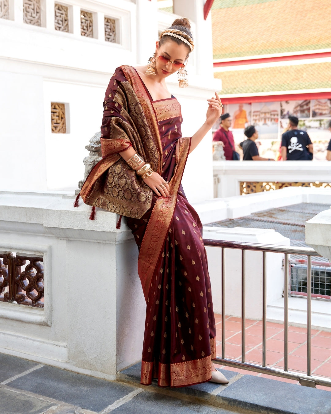 Brown Satin Silk Banarasi woven saree