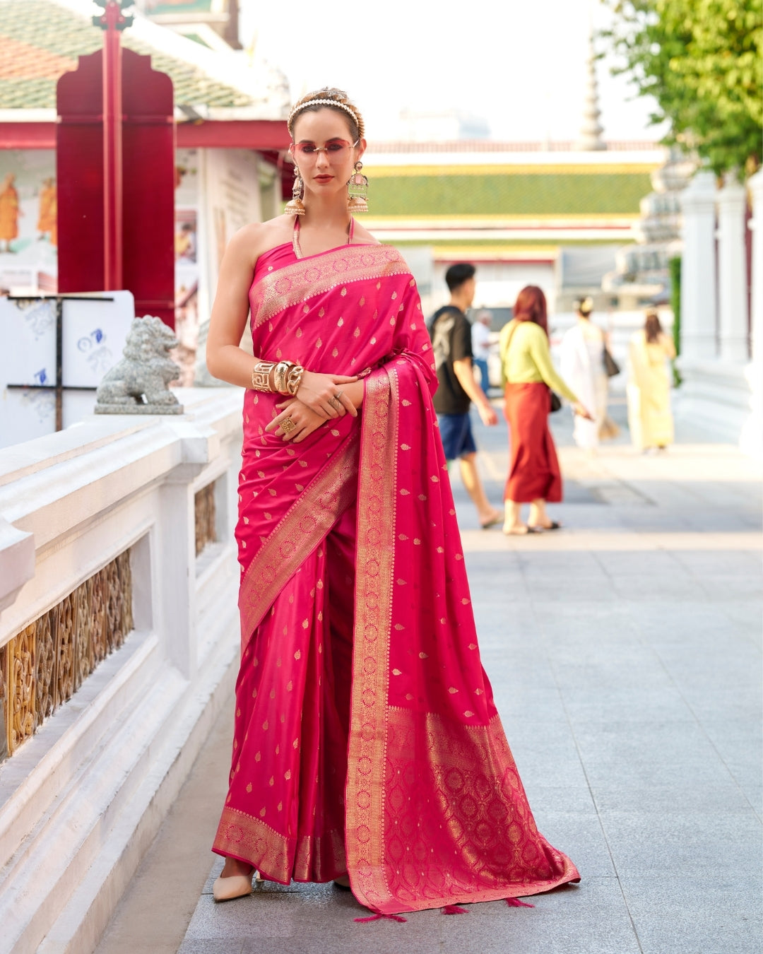 Pink  Satin Silk Banarasi woven saree