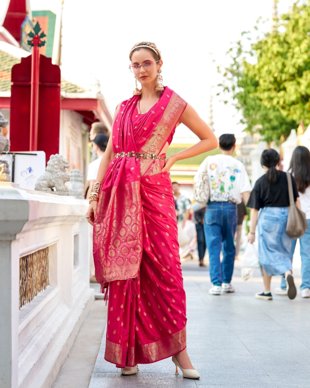 Pink  Satin Silk Banarasi woven saree