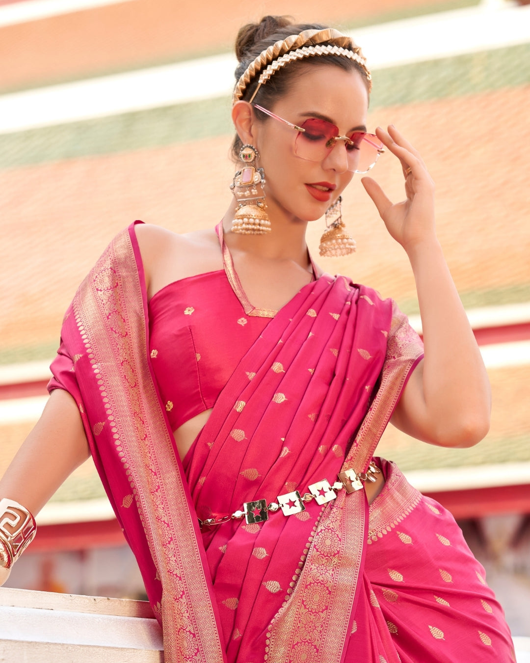 Pink  Satin Silk Banarasi woven saree