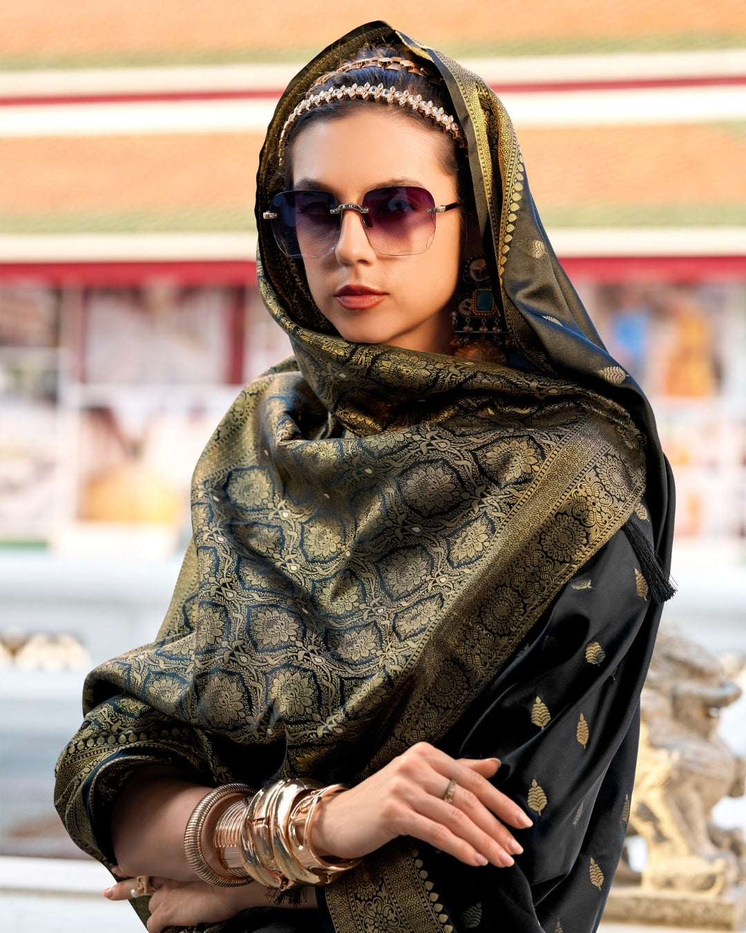 Black  Satin Silk Banarasi woven saree