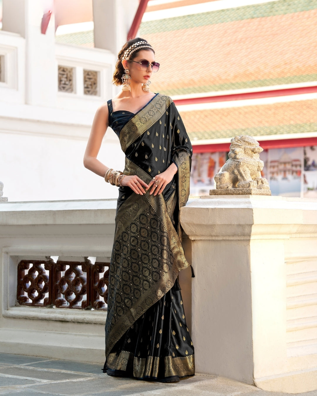 Black  Satin Silk Banarasi woven saree