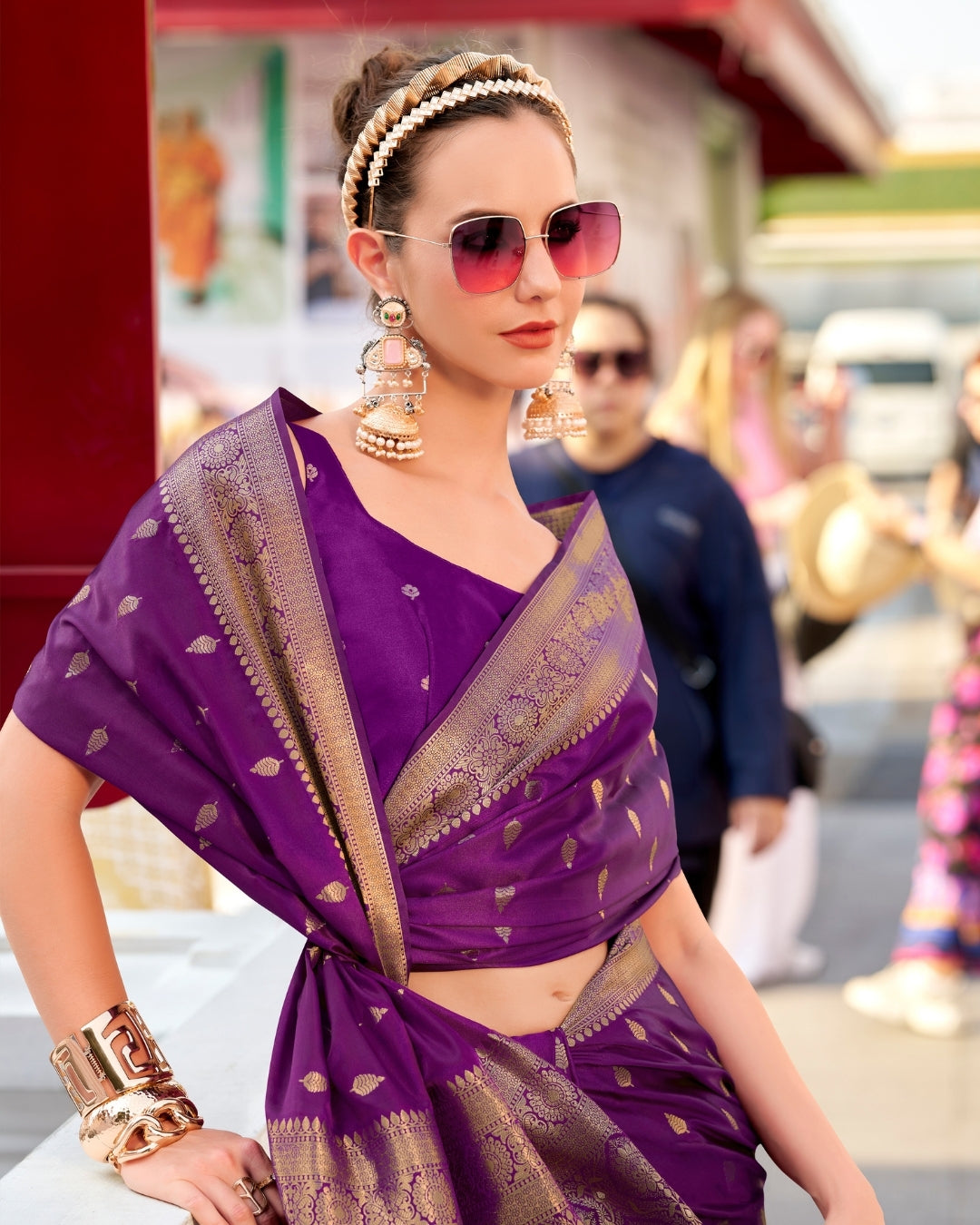 Purple Satin Silk Banarasi woven saree