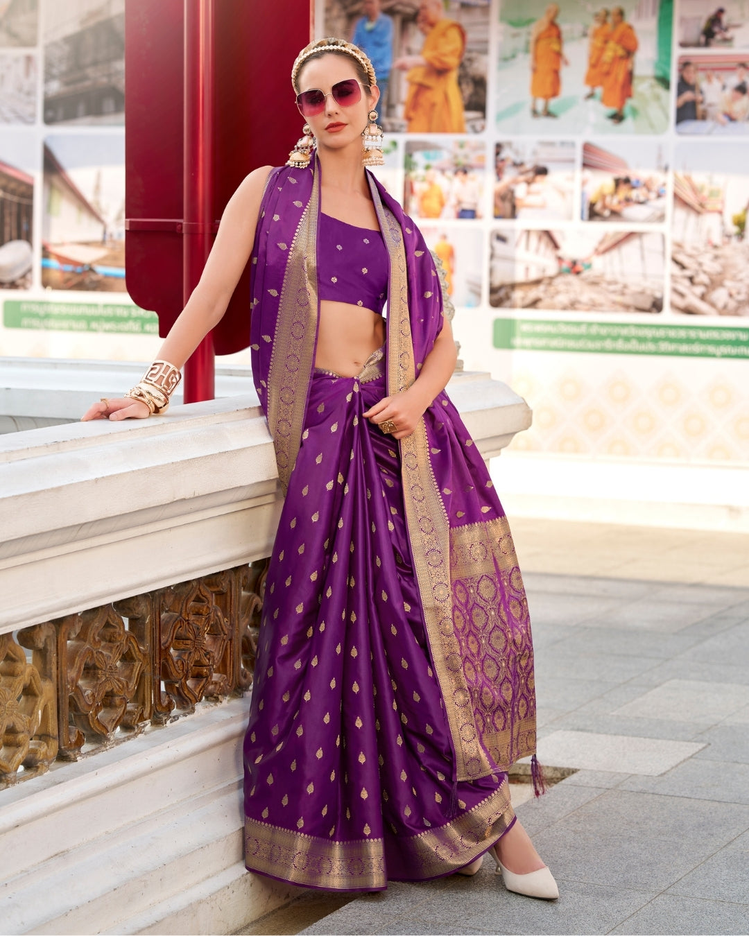 Purple Satin Silk Banarasi woven saree