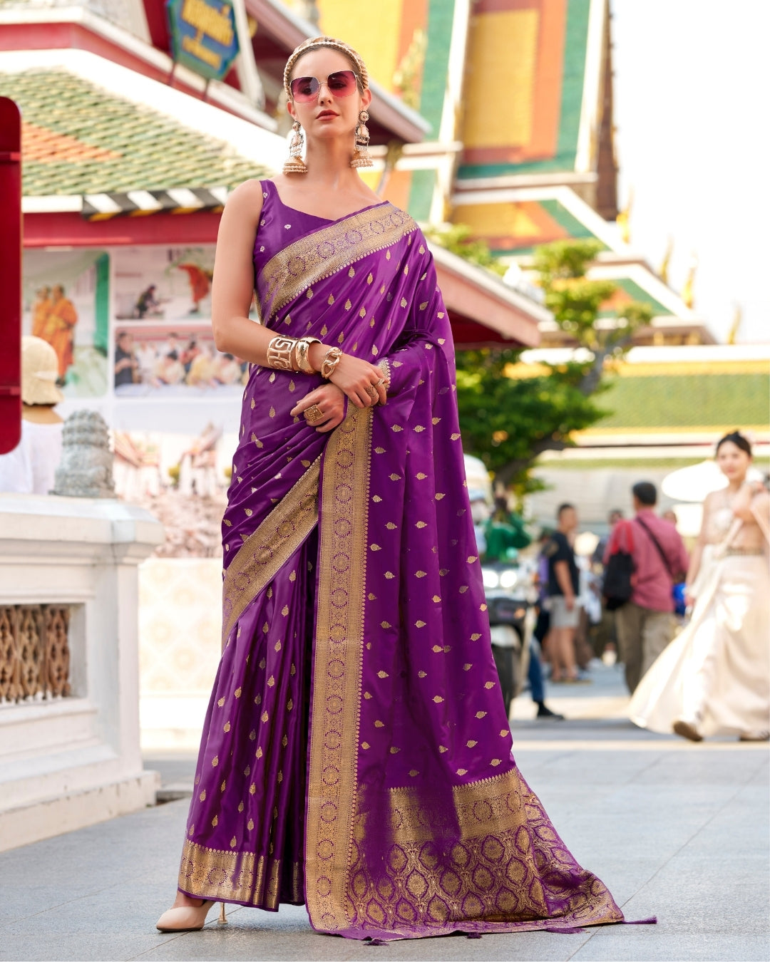 Purple Satin Silk Banarasi woven saree