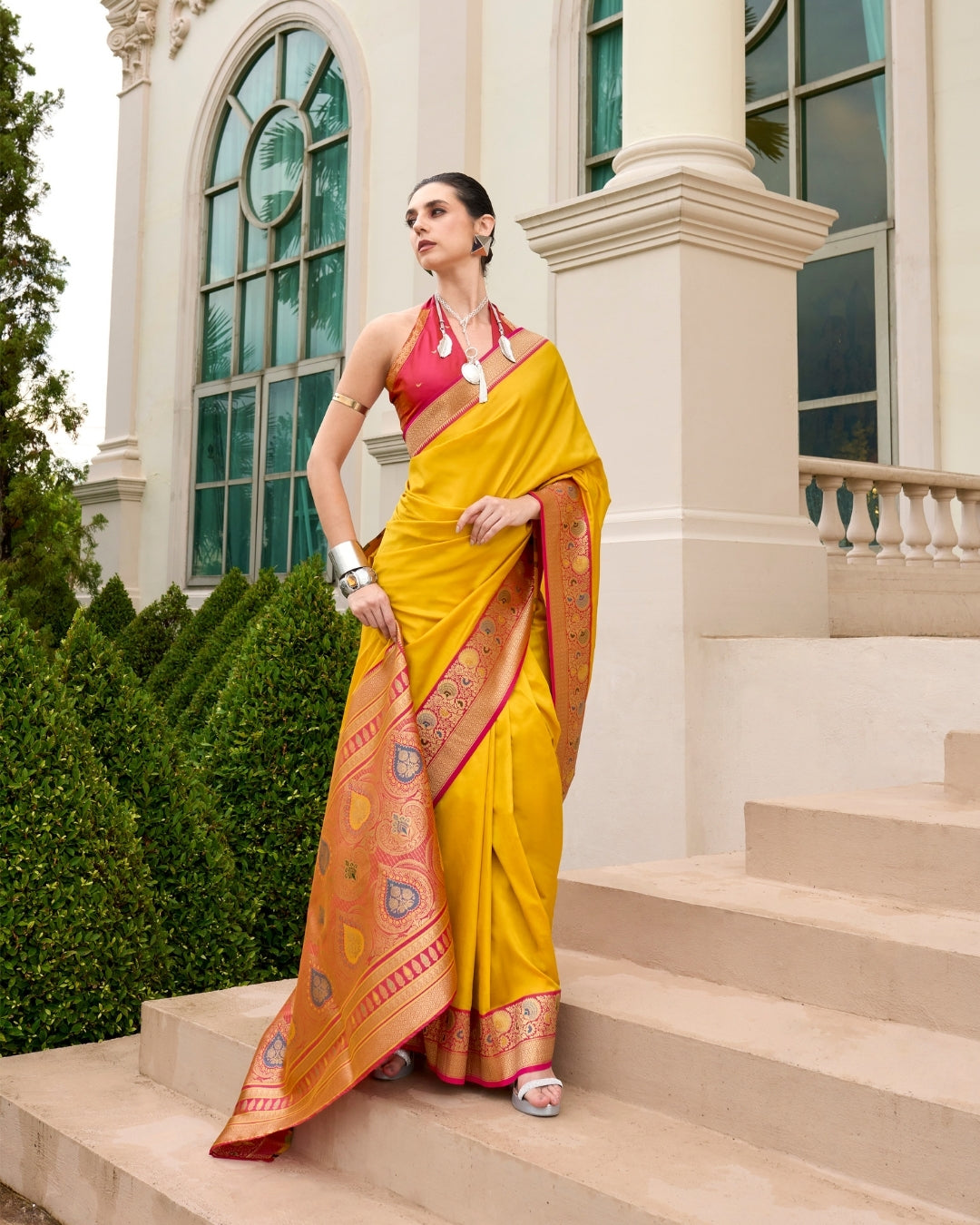 Yellow  pure soft banarasi  Silk Saree with woven borders