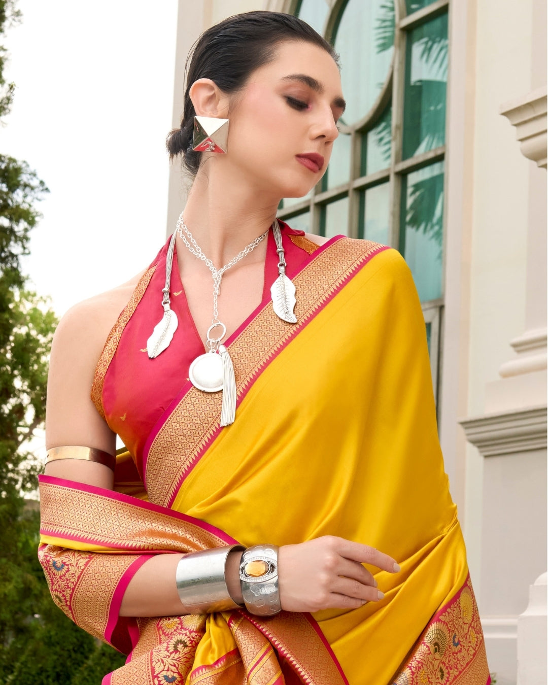 Yellow  pure soft banarasi  Silk Saree with woven borders