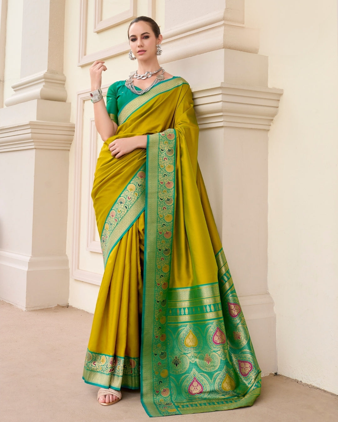 Olive green pure soft banarasi  Silk Saree with woven borders