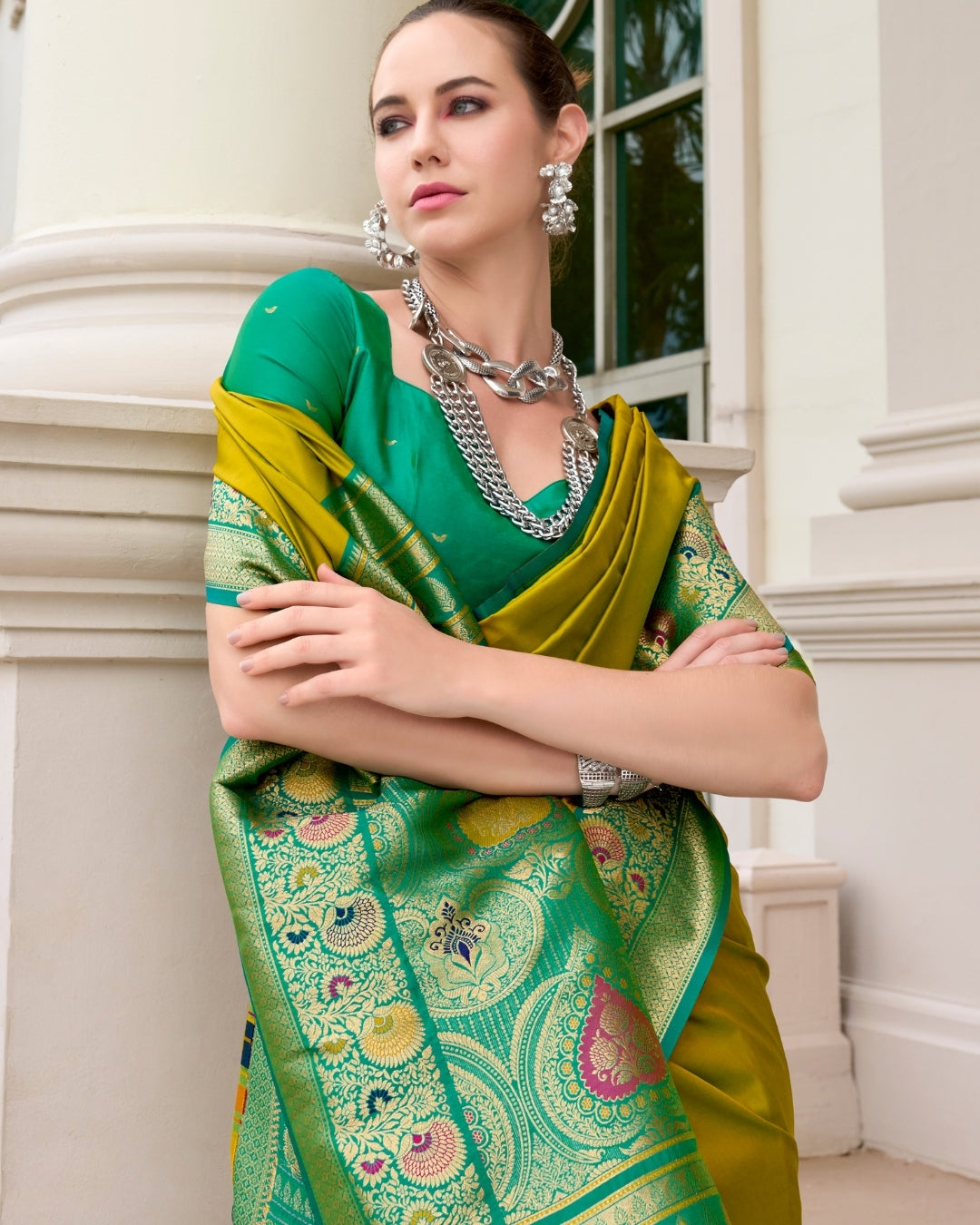 Olive green pure soft banarasi  Silk Saree with woven borders