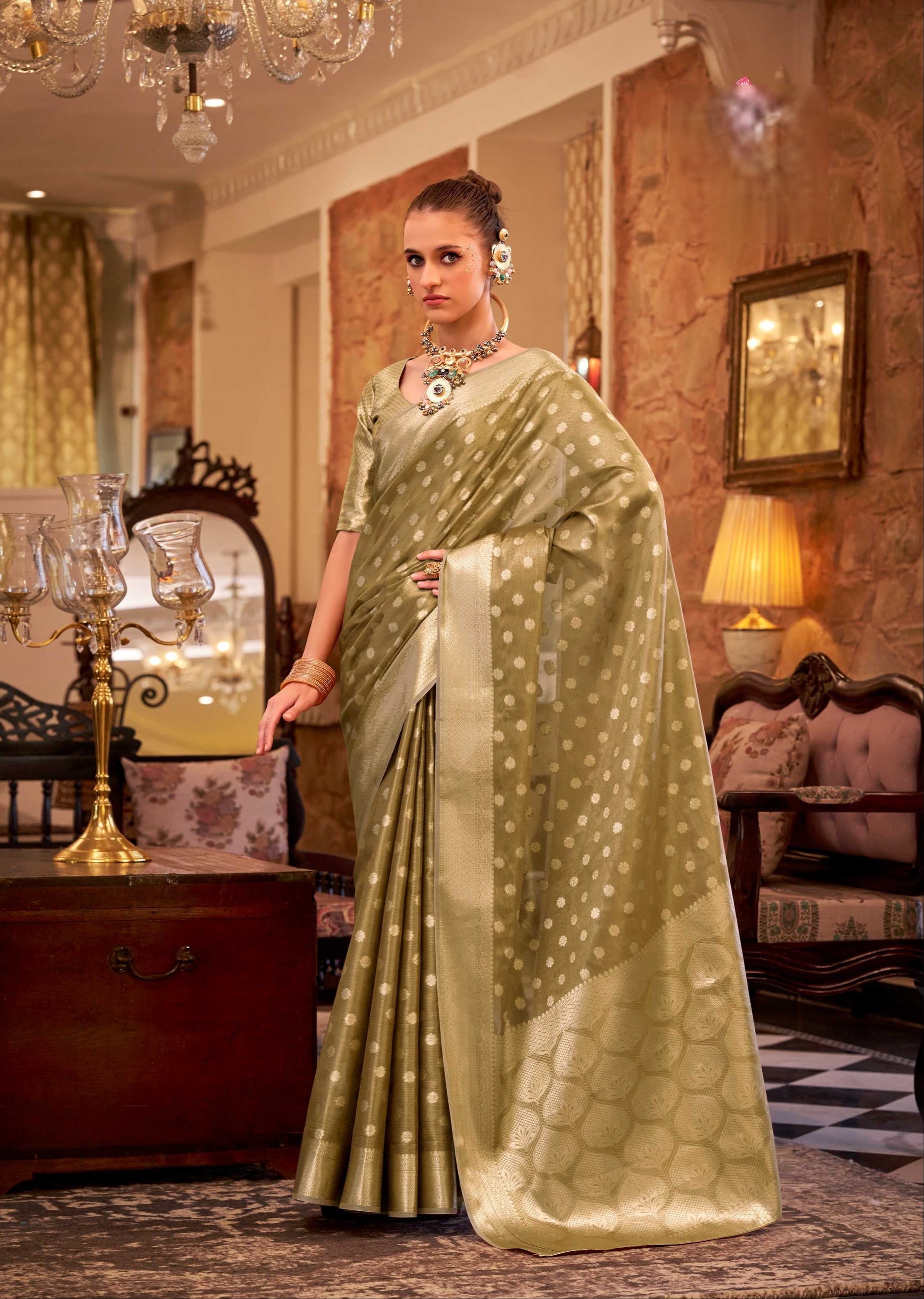 Dull Gold Tissue Silk Banarasi Saree with Floral Butti