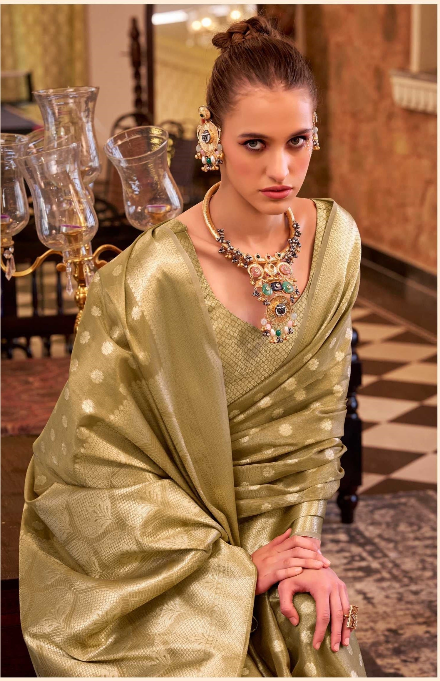 Dull Gold Tissue Silk Banarasi Saree with Floral Butti