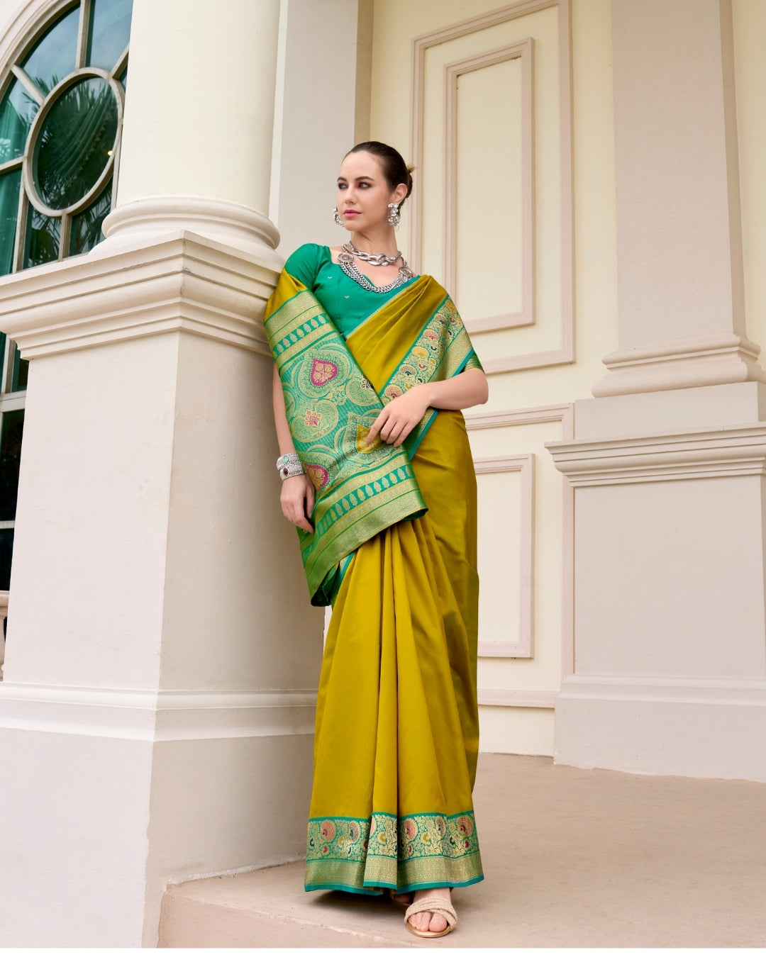 Olive green pure soft banarasi  Silk Saree with woven borders