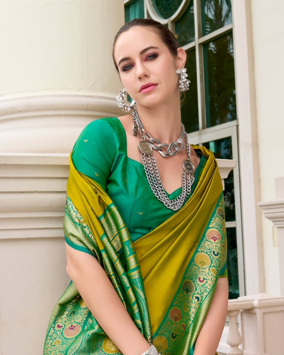 Olive green pure soft banarasi  Silk Saree with woven borders