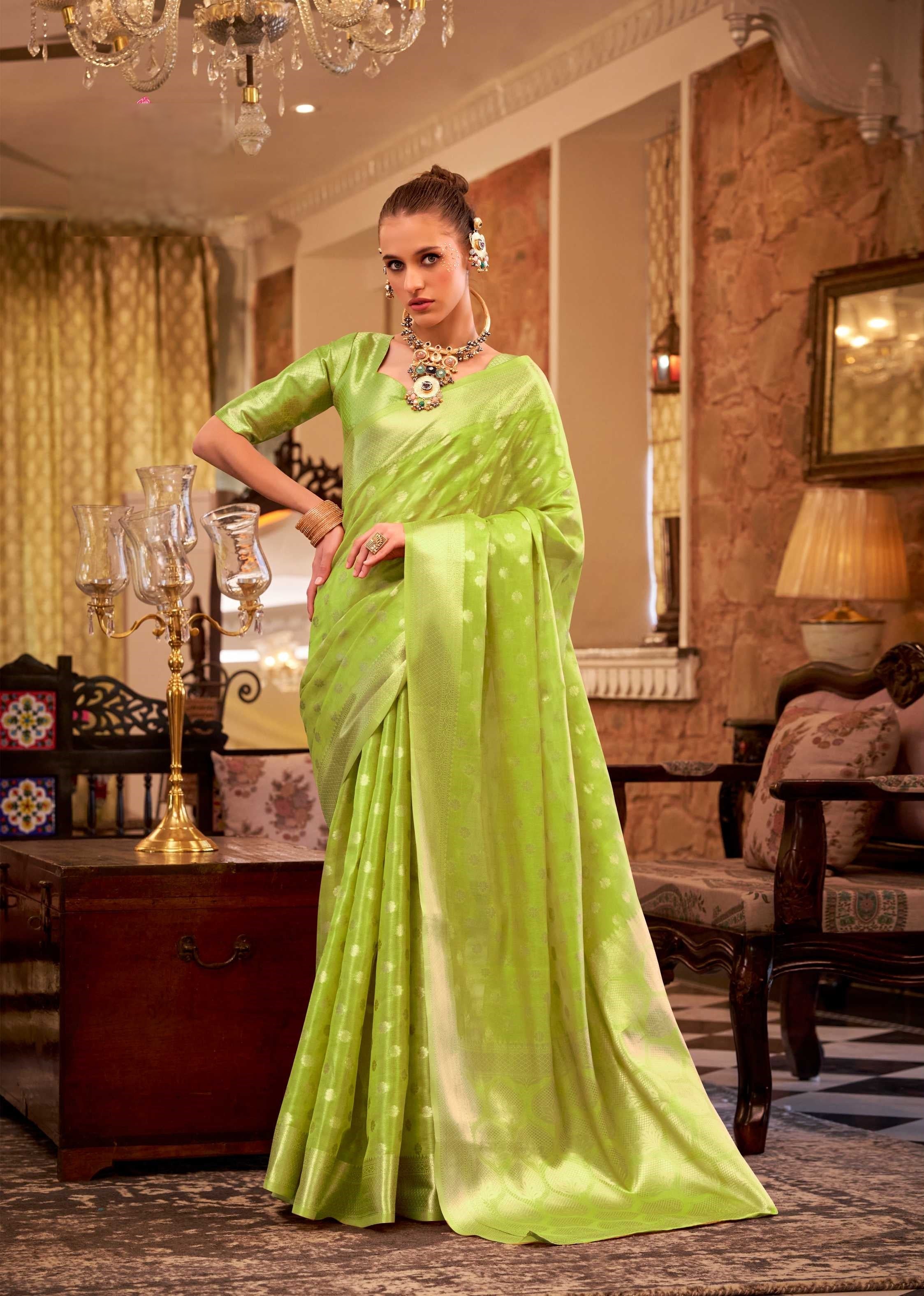 Green Tissue Silk Banarasi Saree with Floral Butti