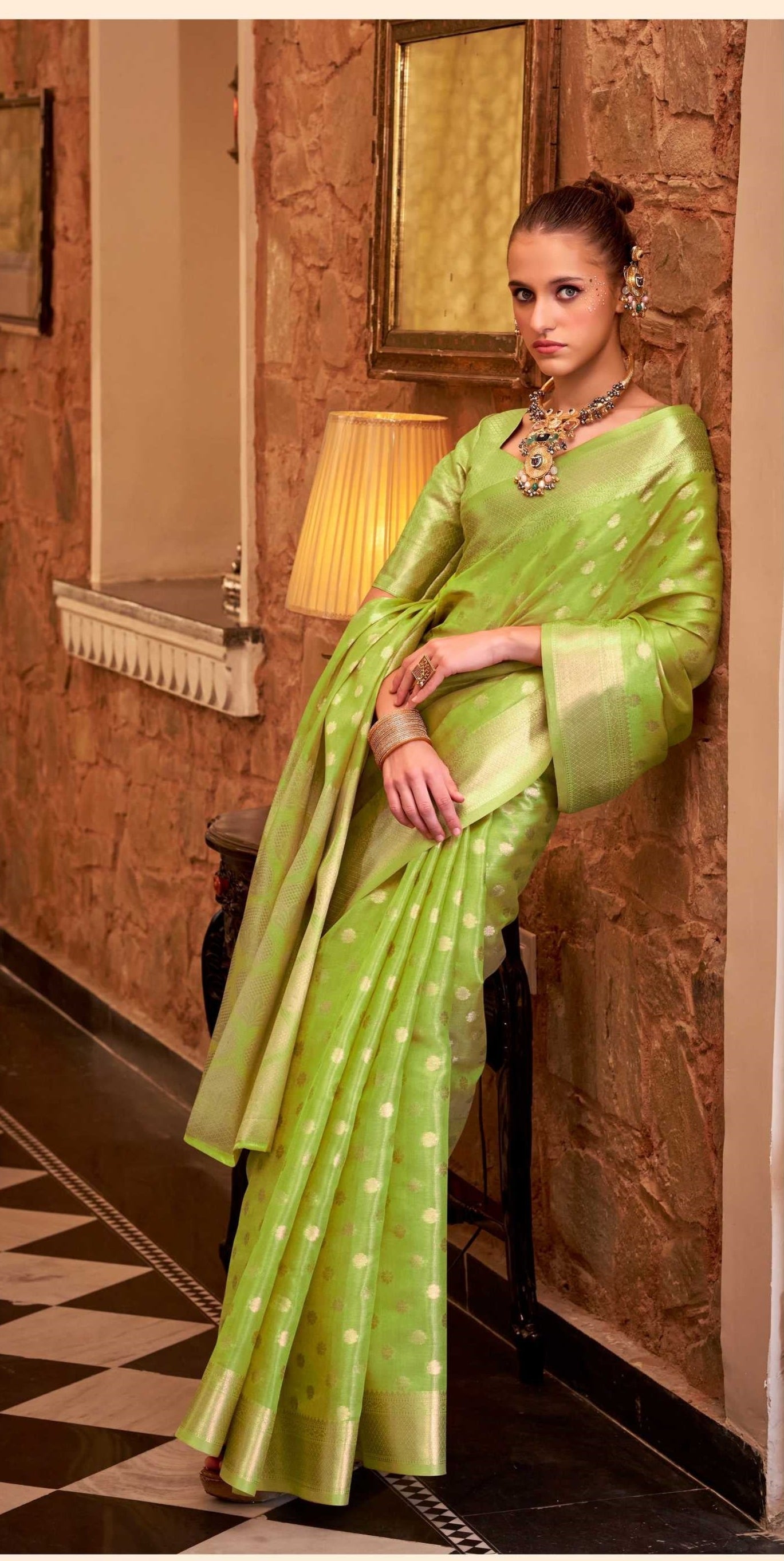 Green Tissue Silk Banarasi Saree with Floral Butti