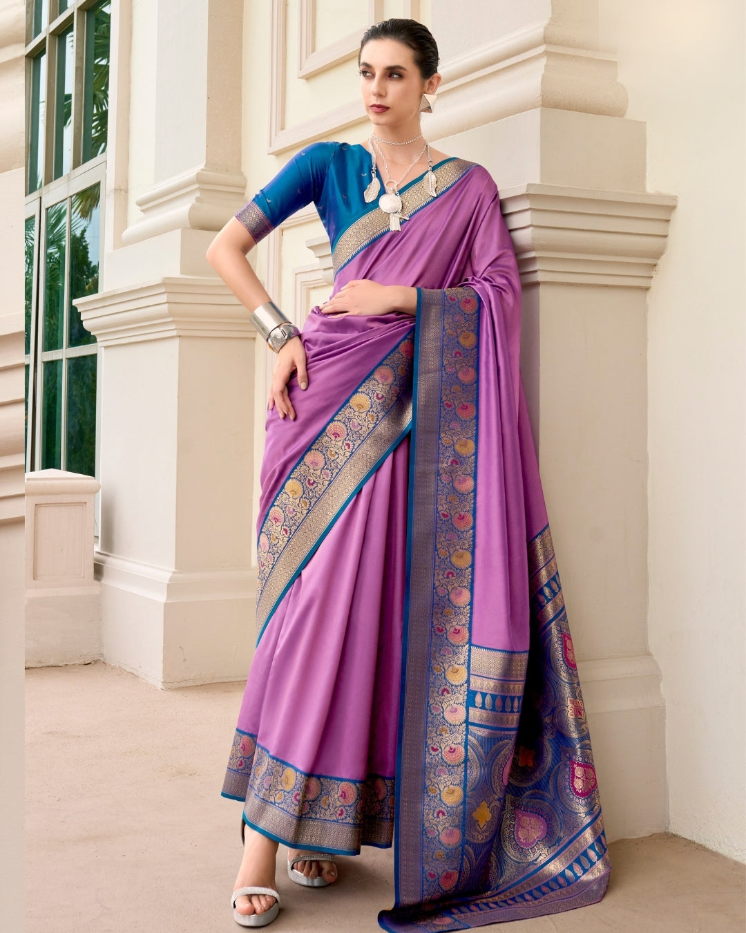 Purple pure soft banarasi  Silk Saree with woven borders