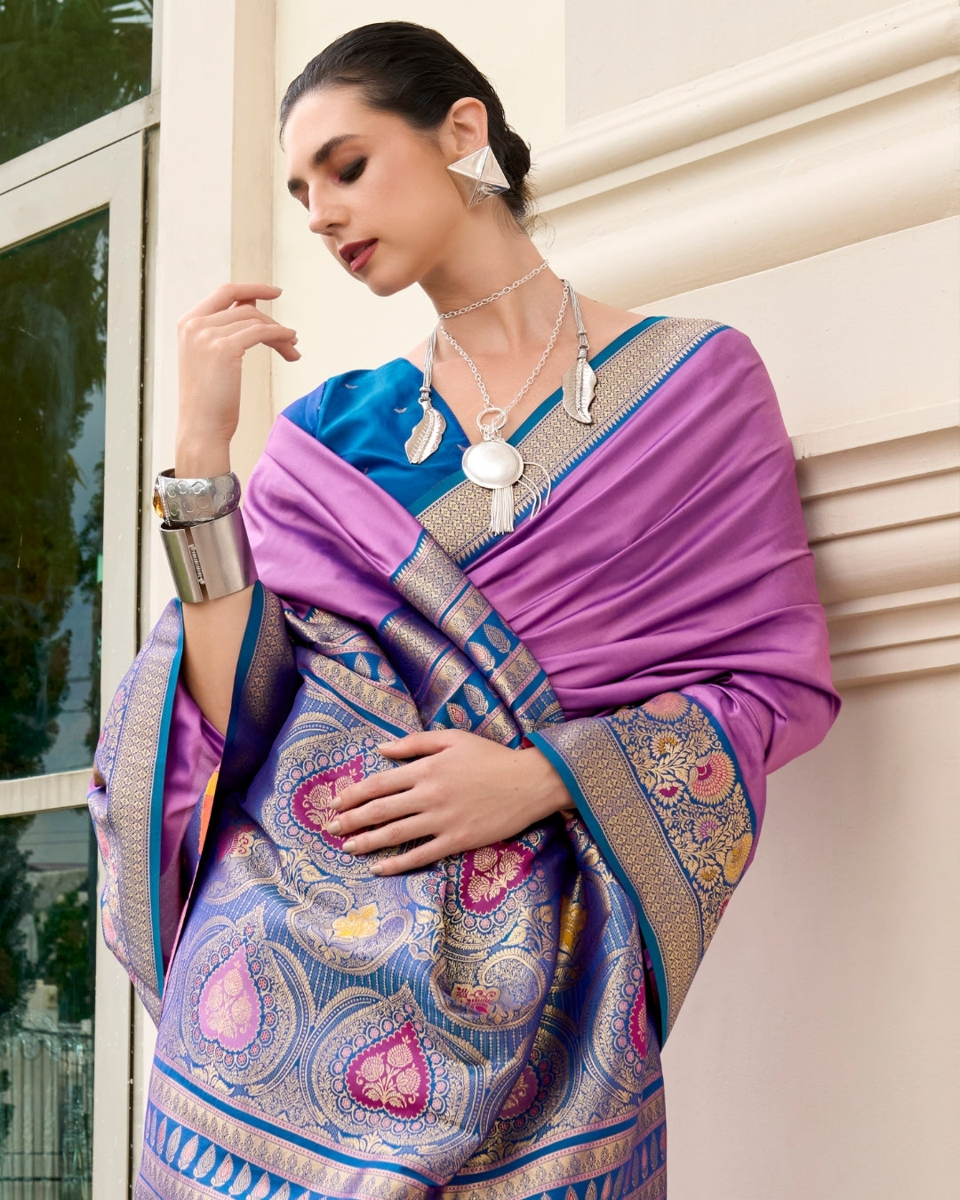 Purple pure soft banarasi  Silk Saree with woven borders