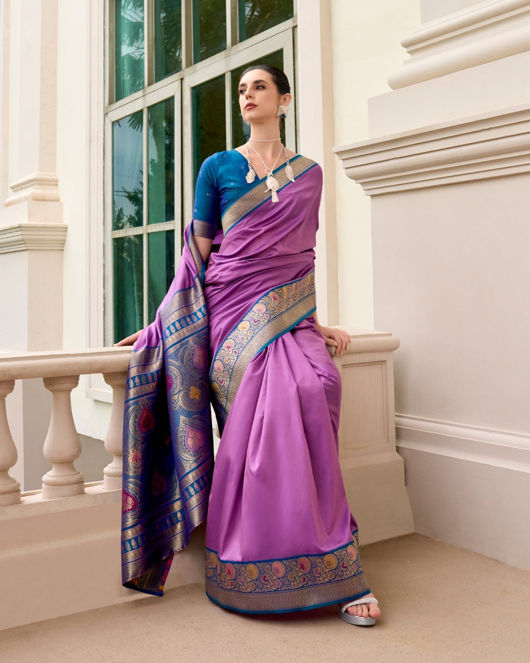 Purple pure soft banarasi  Silk Saree with woven borders