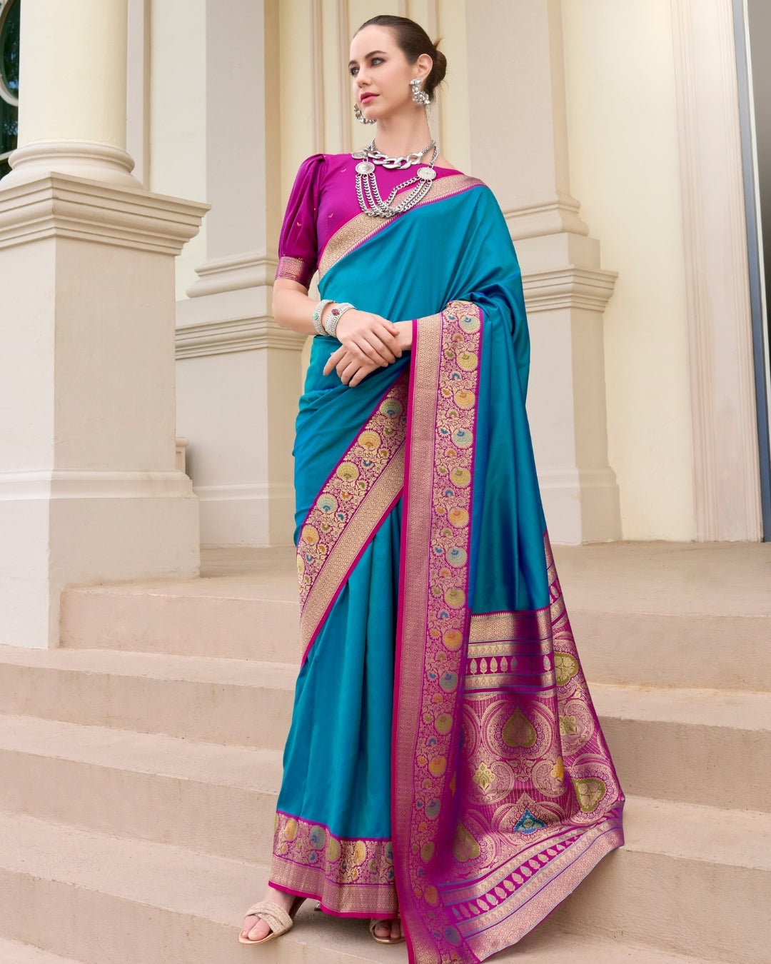 Blue pure soft banarasi  Silk Saree with woven borders
