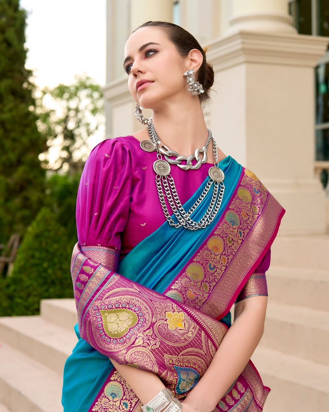 Blue pure soft banarasi  Silk Saree with woven borders