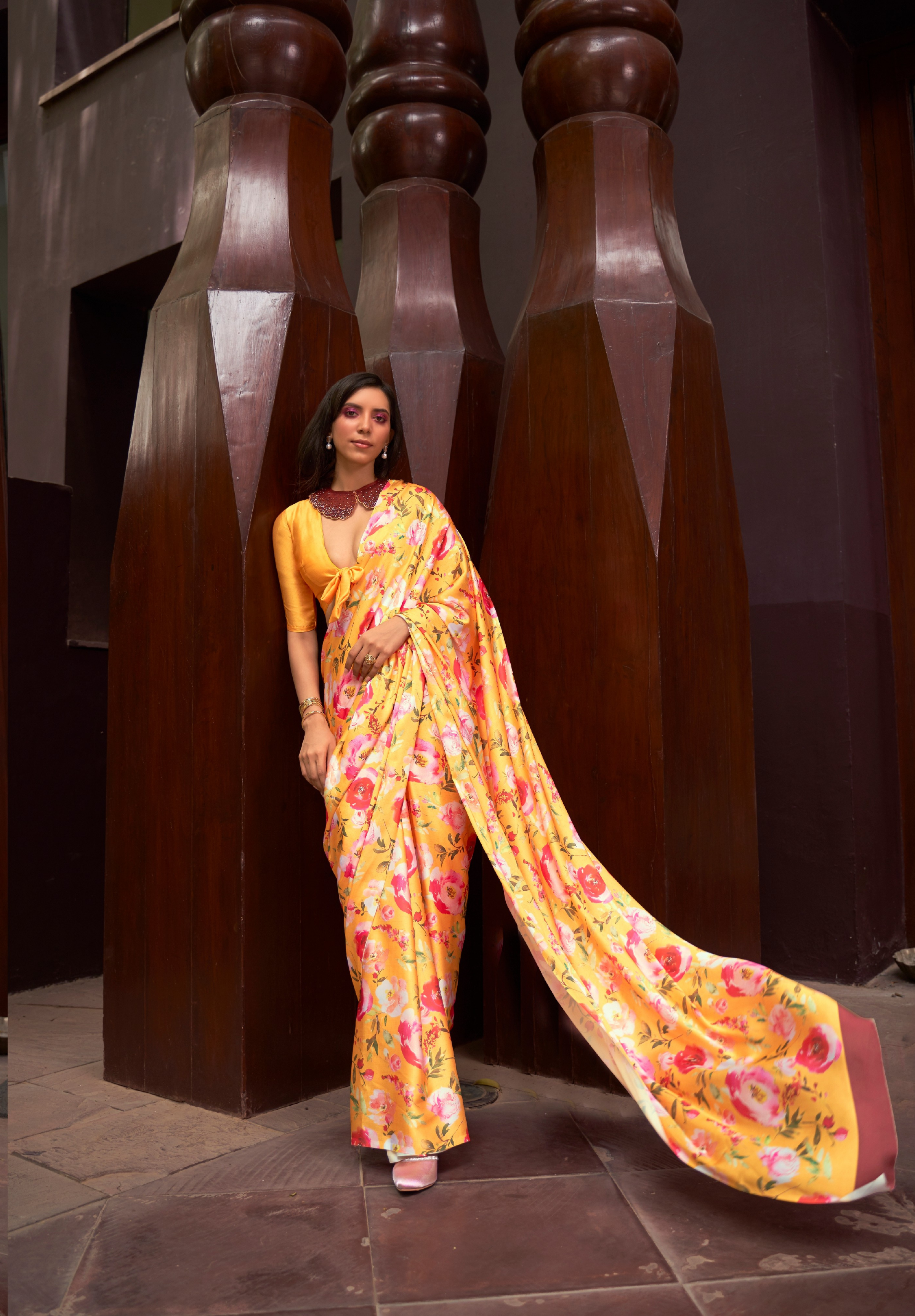 Yellow Satin Crepe saree with Digital print