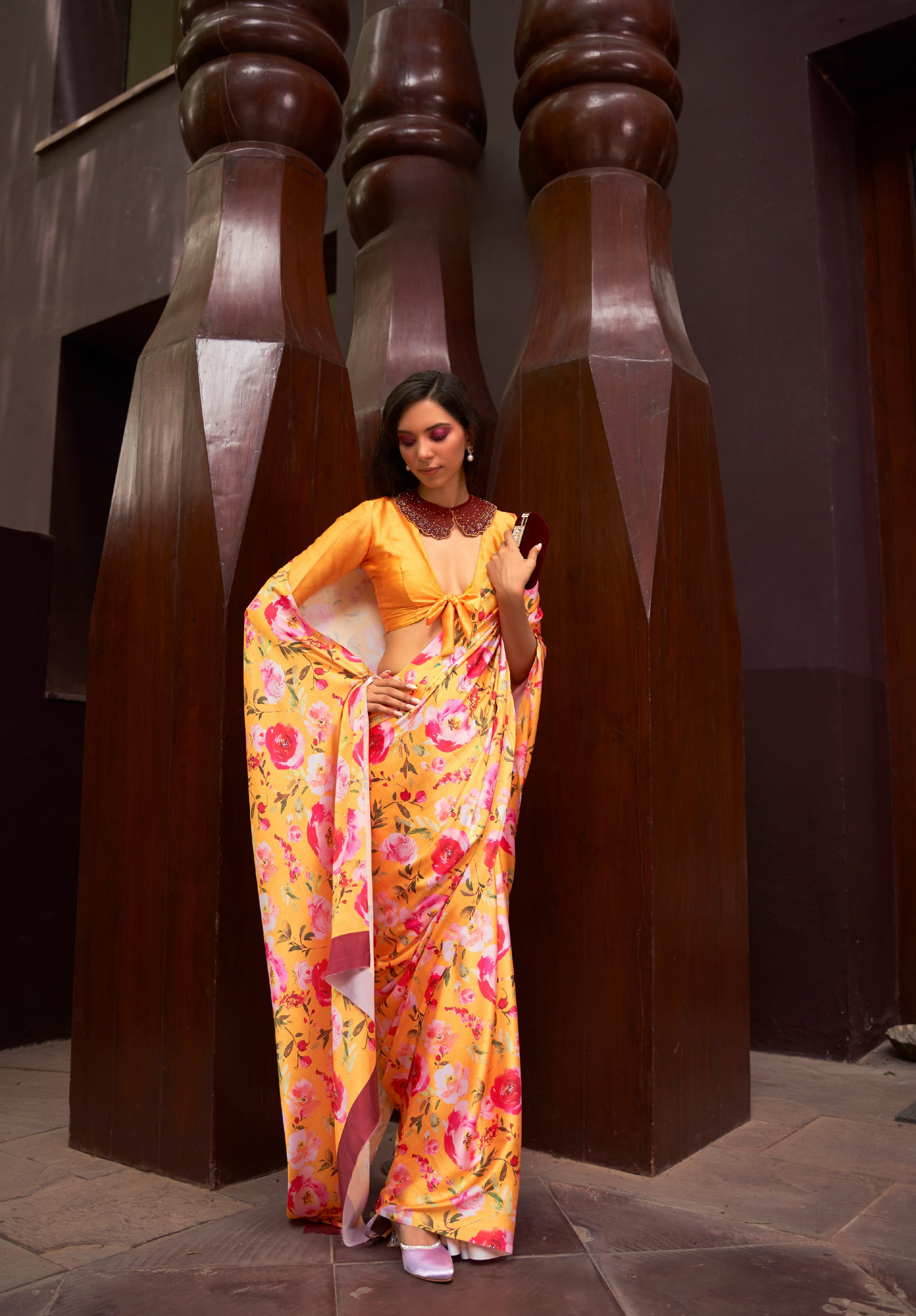 Yellow Satin Crepe saree with Digital print