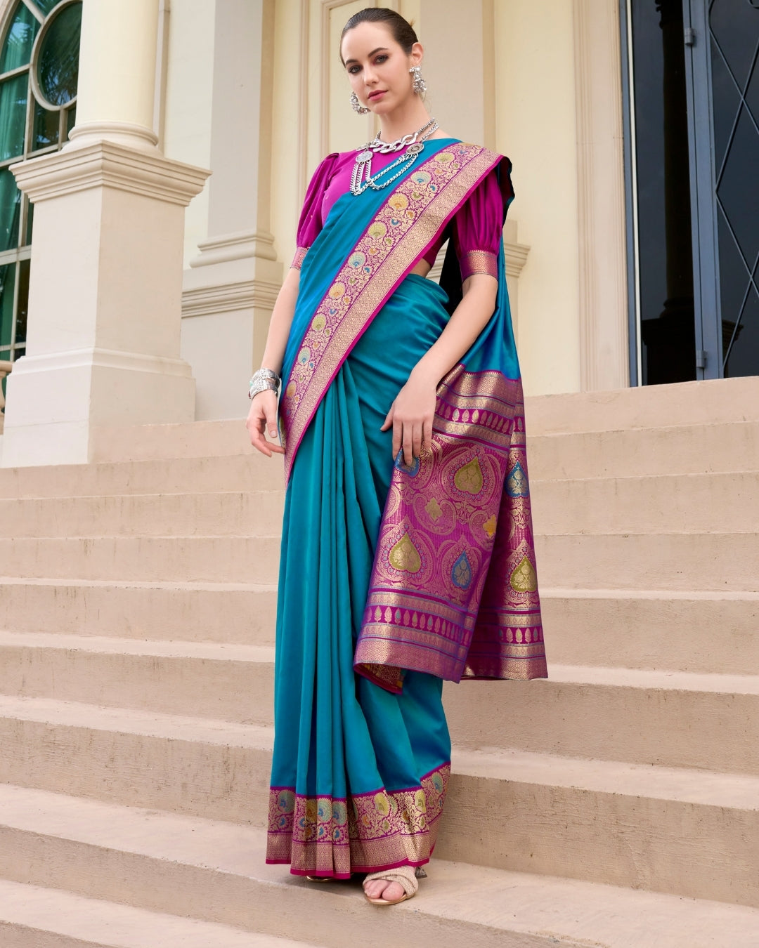 Blue pure soft banarasi  Silk Saree with woven borders