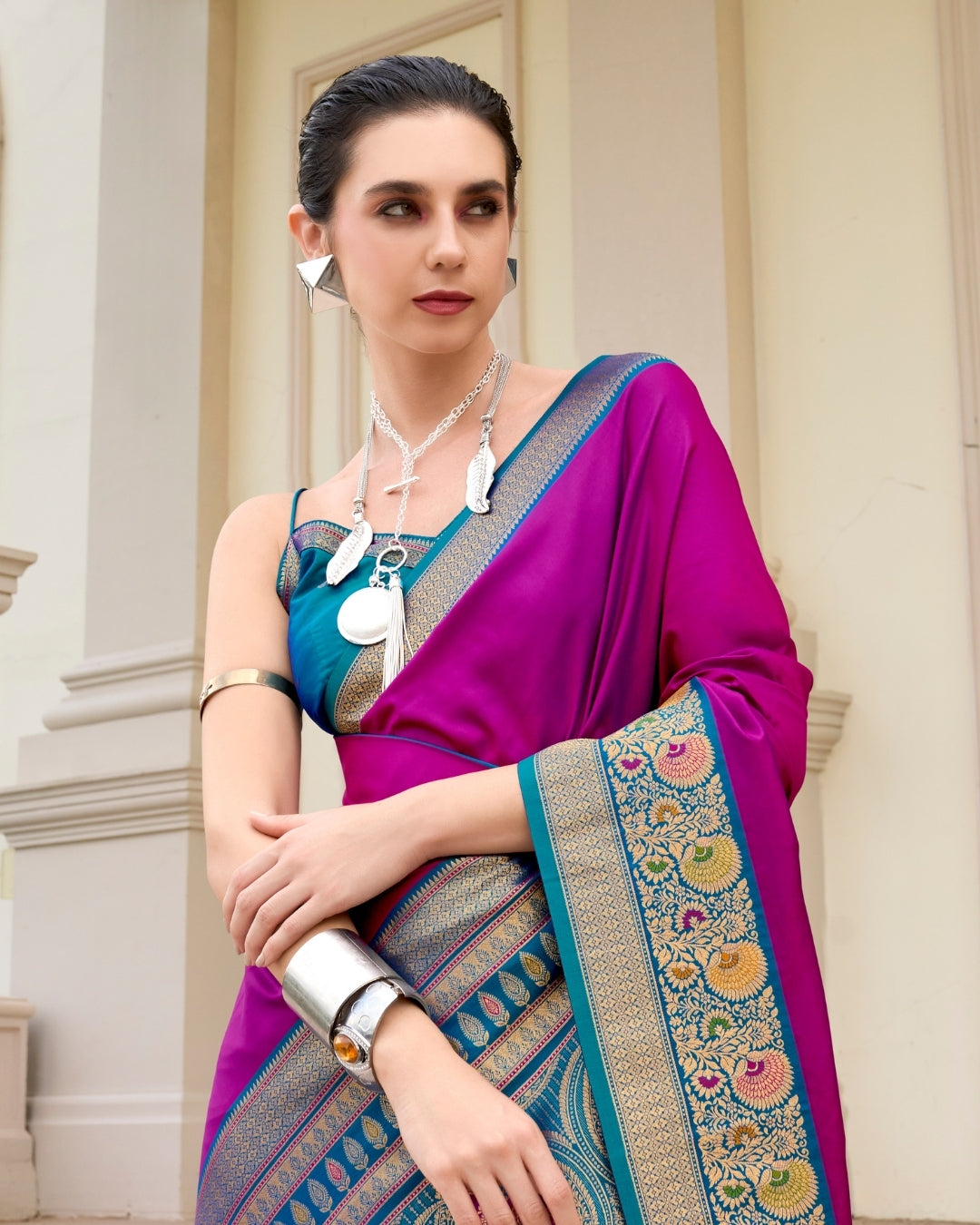 Wine pure soft banarasi  Silk Saree with woven borders