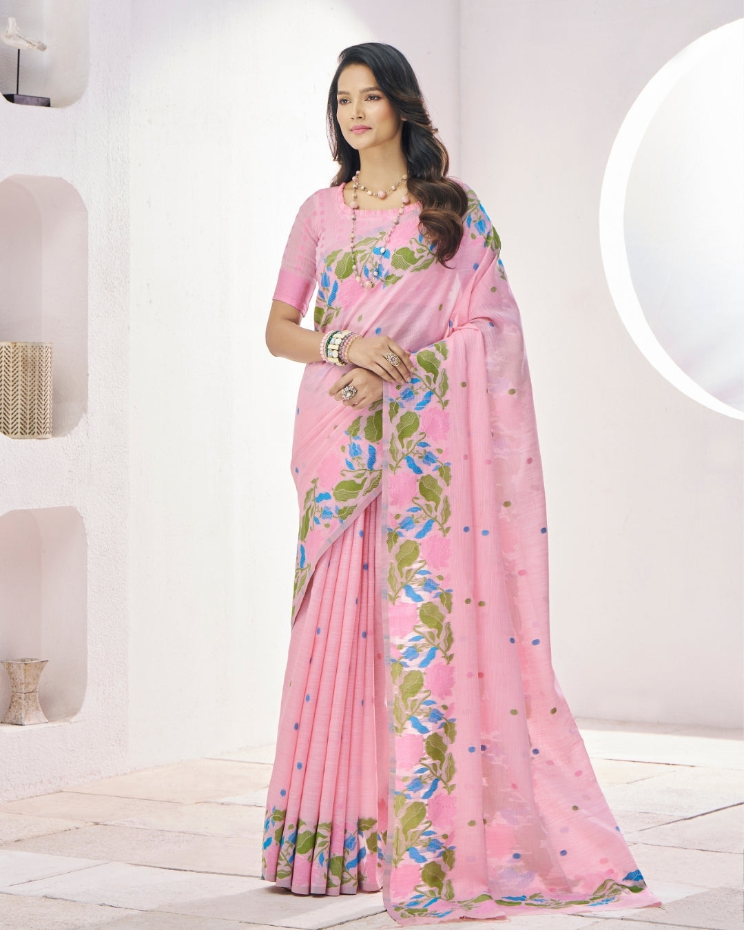 Pink Soft Linen Saree