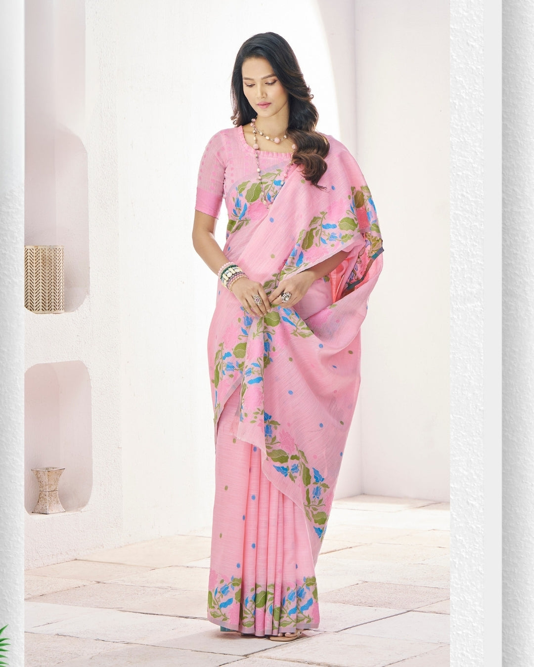 Pink Soft Linen Saree