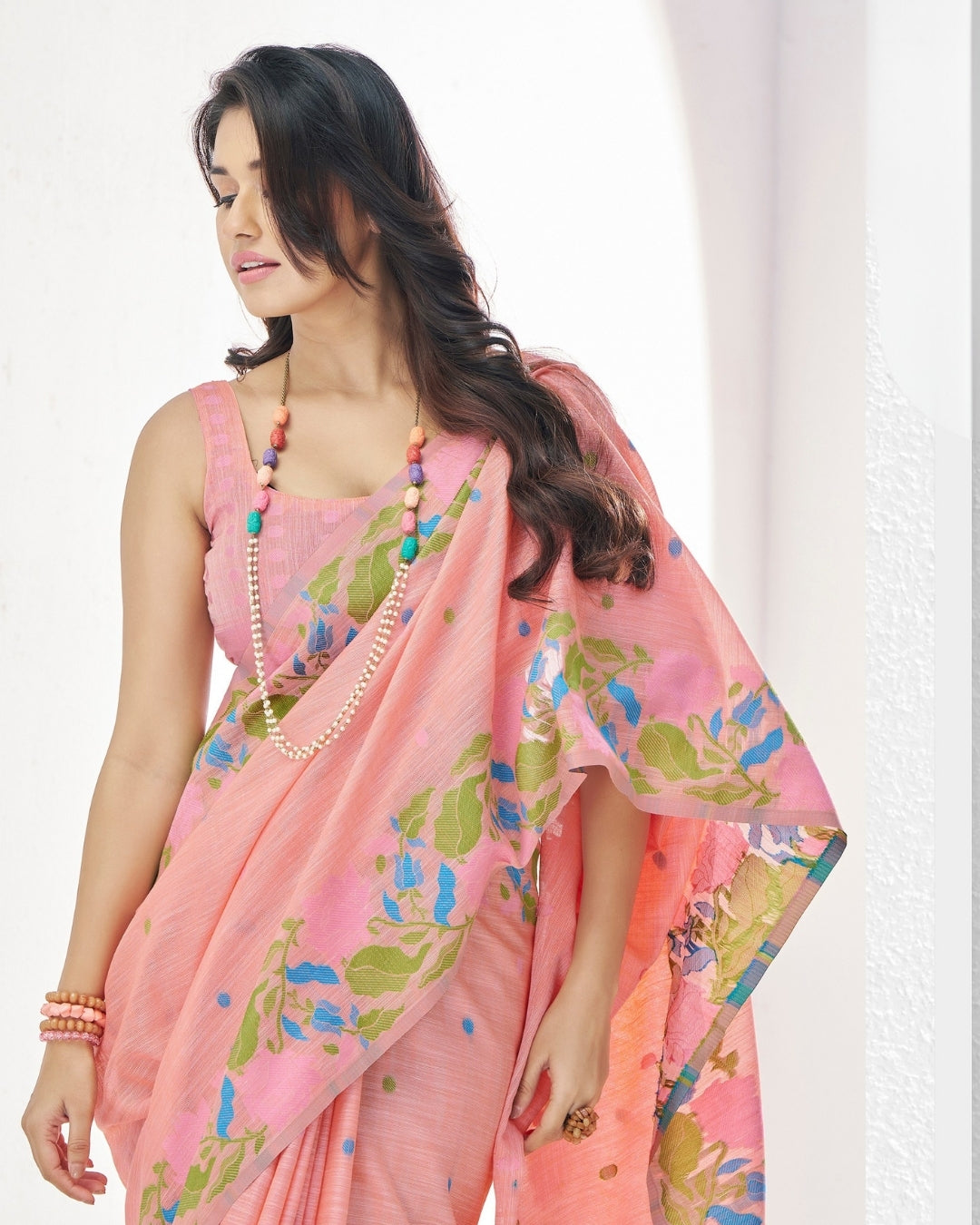 Peach Soft Linen Saree