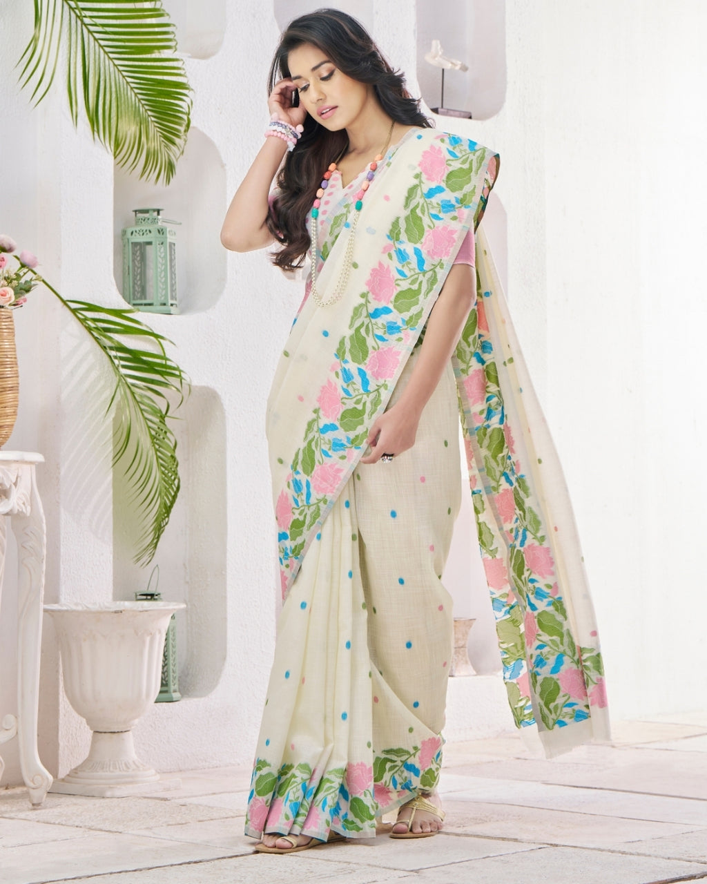 white Soft Linen Saree