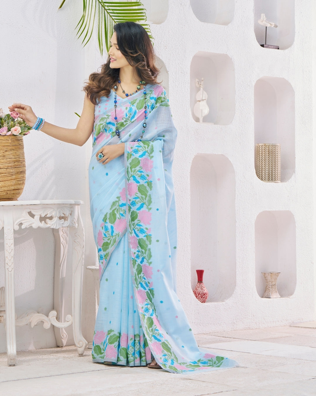 Blue  Soft Linen Saree