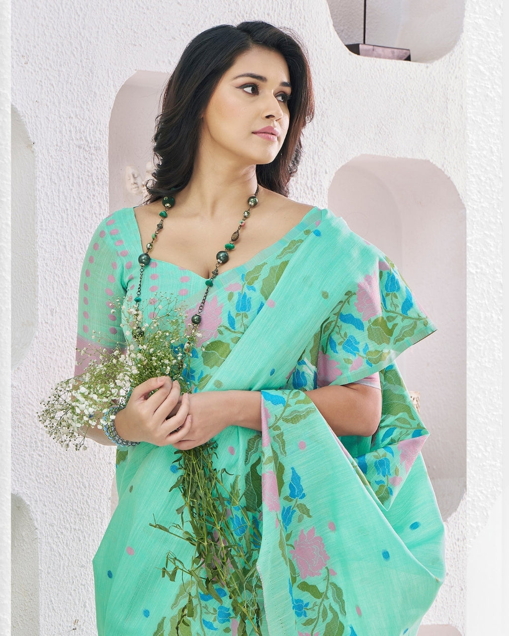 Green  Soft Linen Saree