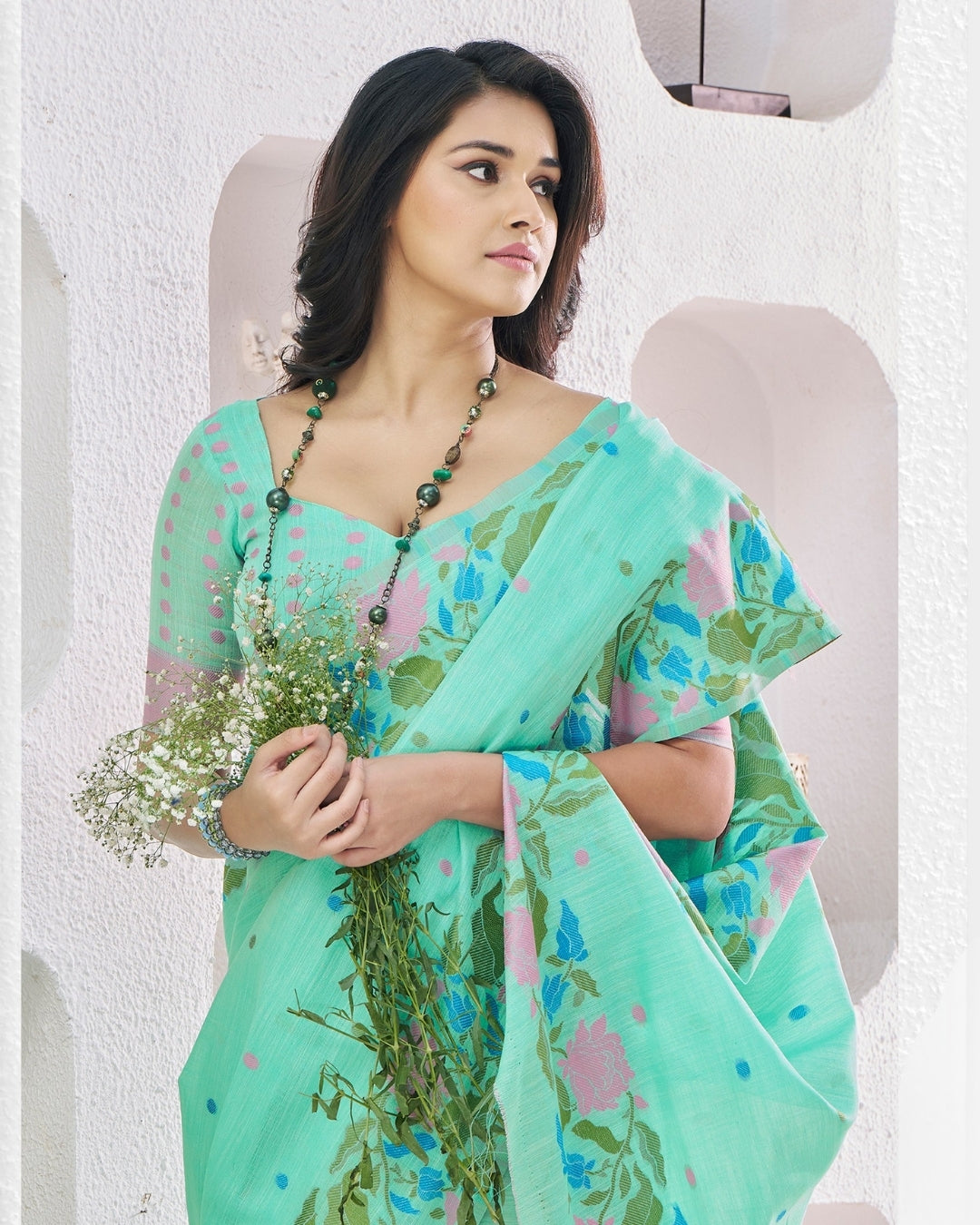 Green  Soft Linen Saree