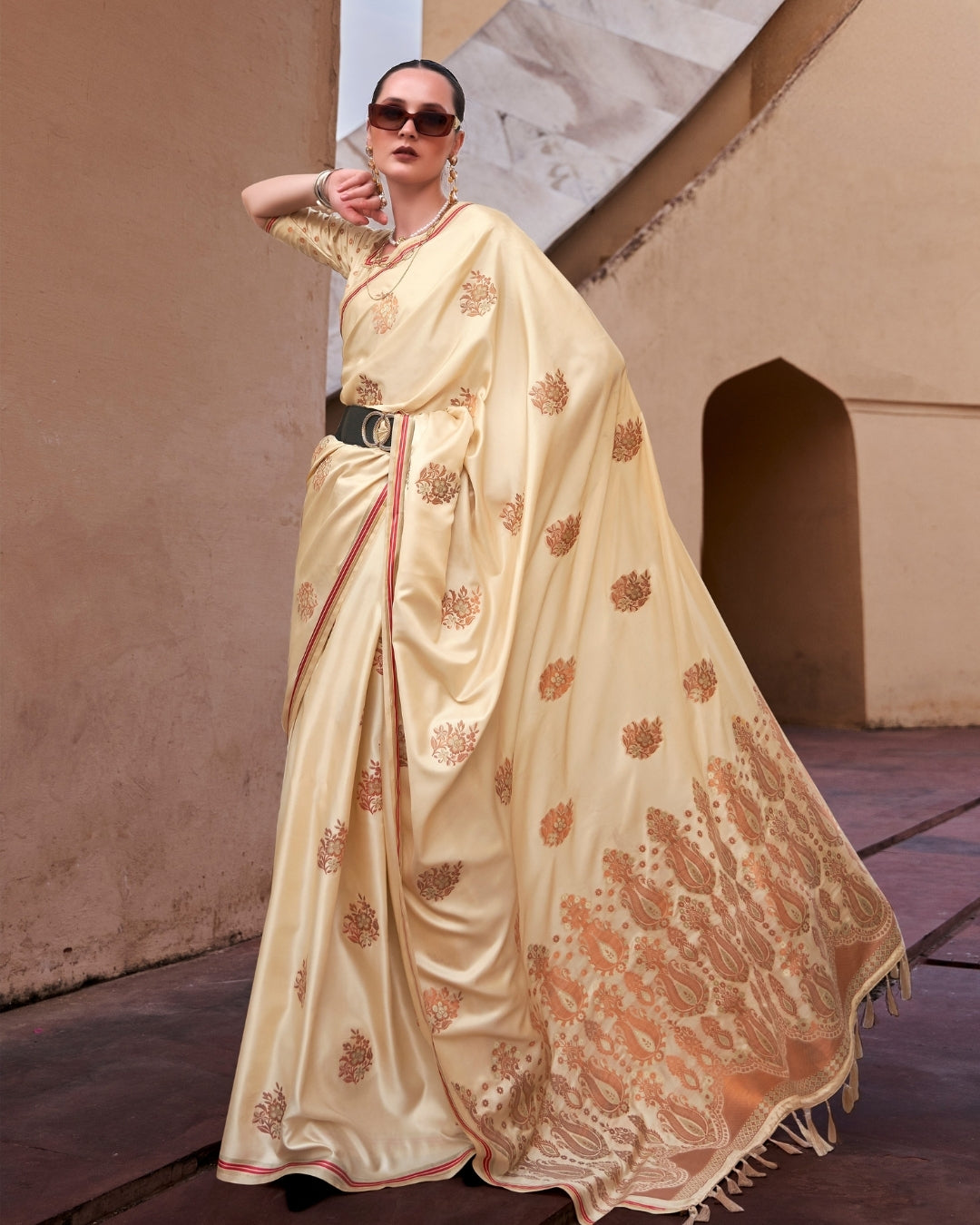 Beige Satin Silk With Copper weaving