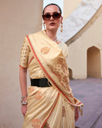Beige Satin Silk With Copper weaving