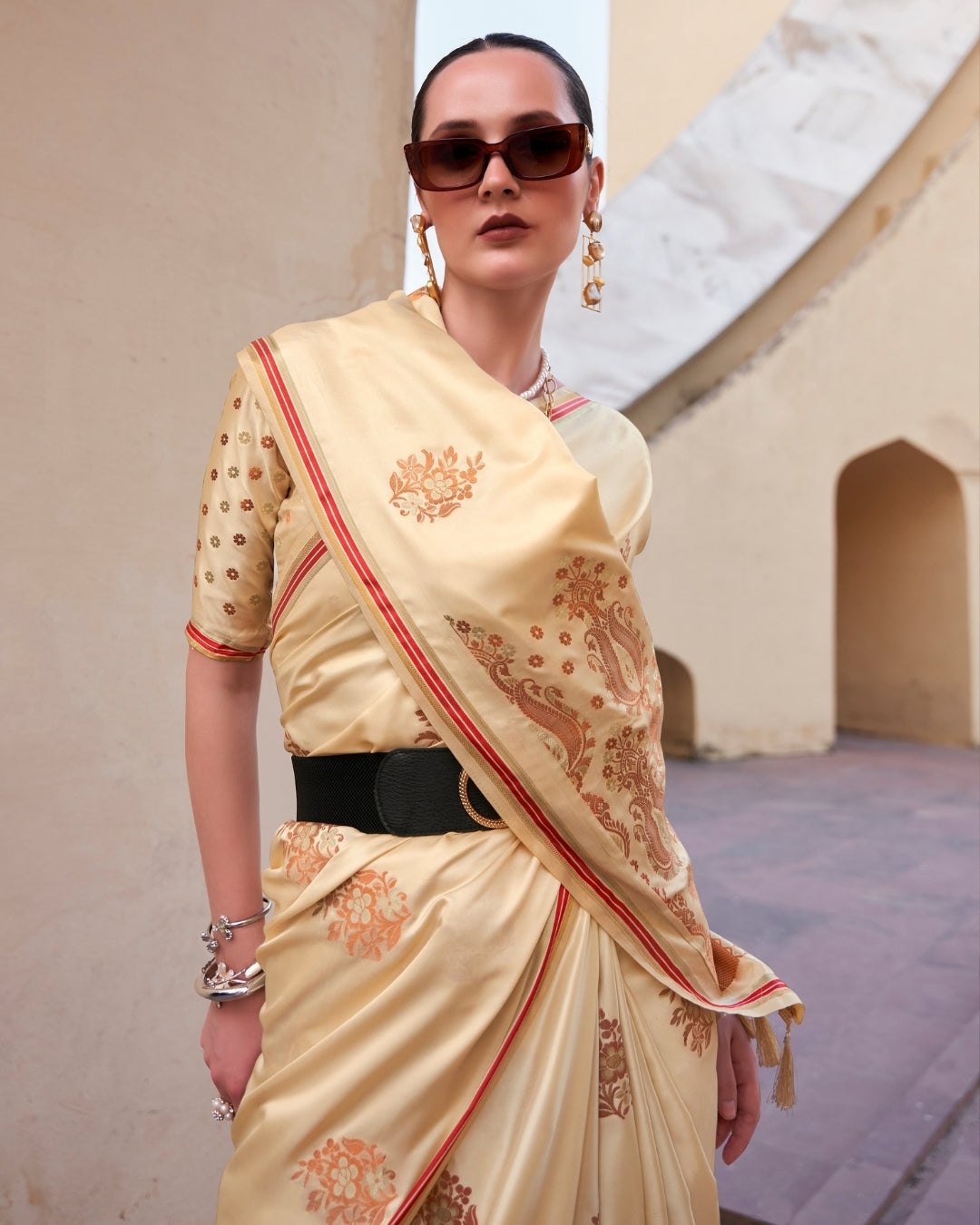 Beige Satin Silk With Copper weaving