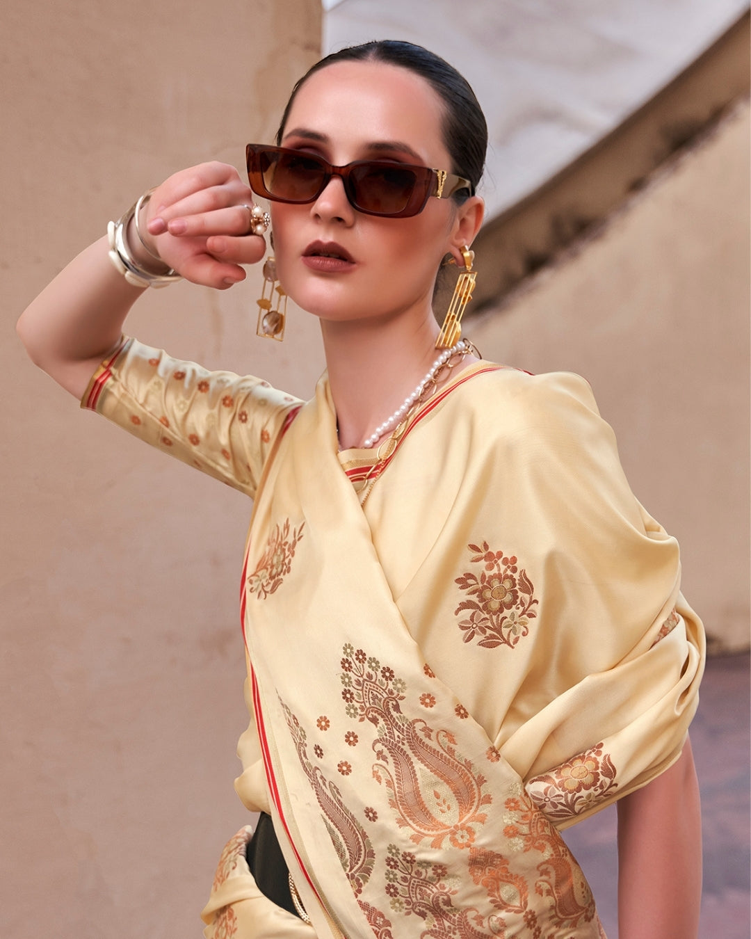 Beige Satin Silk With Copper weaving