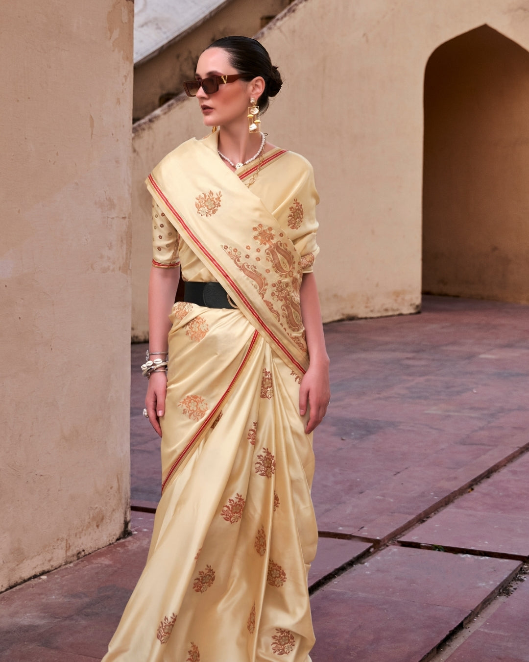 Beige Satin Silk With Copper weaving