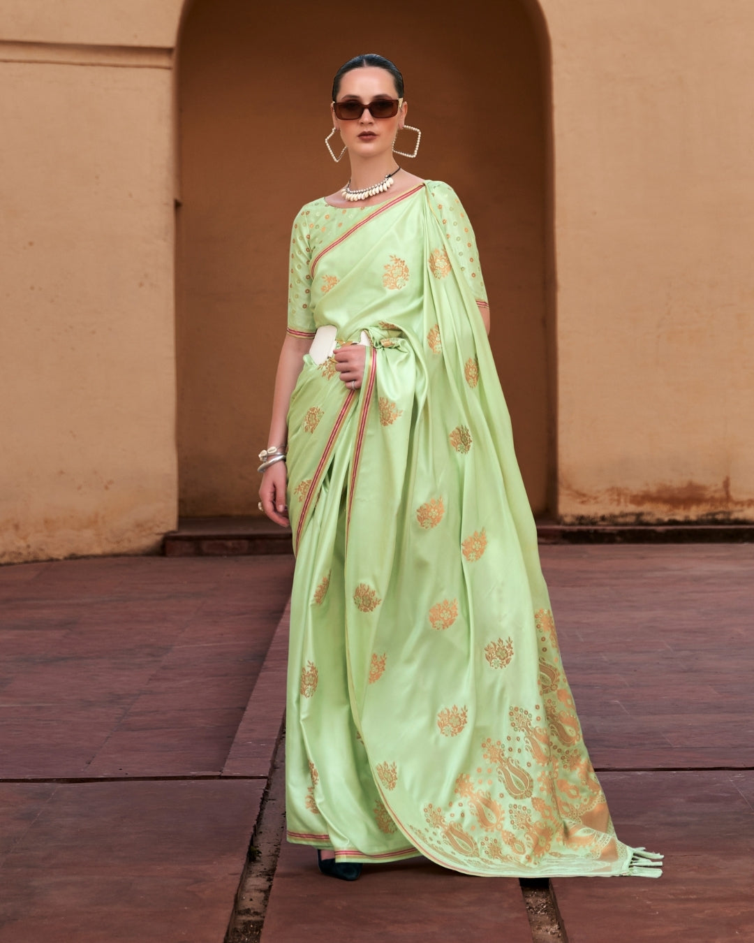 Green Satin Silk With Copper weaving