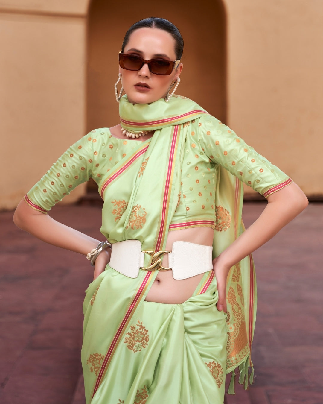 Green Satin Silk With Copper weaving